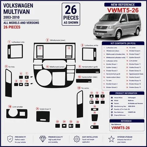 Volkswagen Multivan 2003-2010 kit cruscotto 3D, 26 pezzi 2