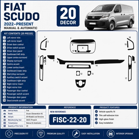 Fiat Scudo (Generation III) 2022–Present Kit Modanature Interni Cruscotto 3D 20 Pezzi 2
