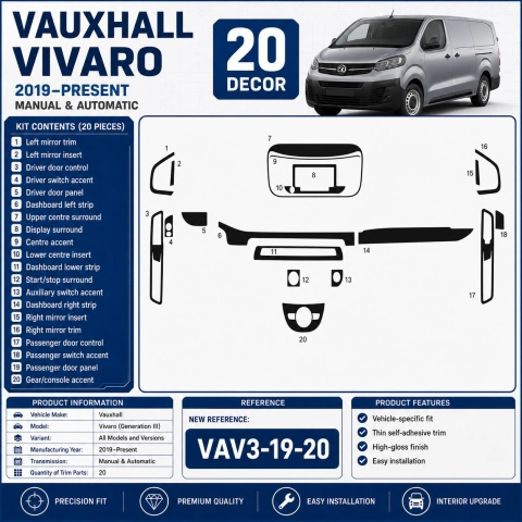 Vauxhall Vivaro (Generation III) 2019–Present Kit Modanature Interni Cruscotto 3D 20 Pezzi