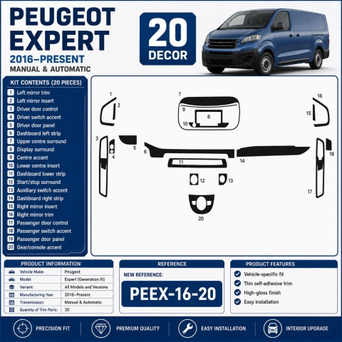 Peugeot Expert (Generation III) 2016–Present Kit Modanature Interni Cruscotto 3D 20 Pezzi 2