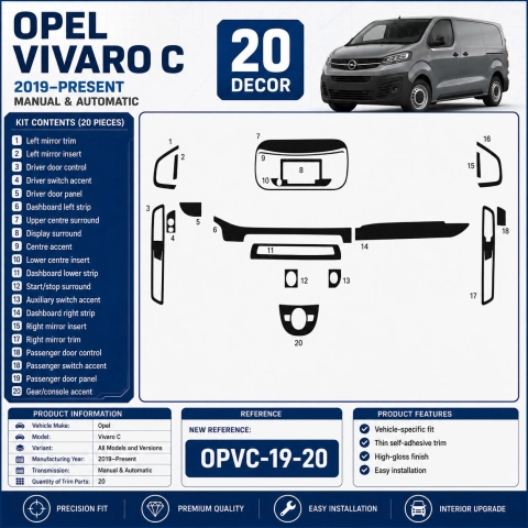 Opel Vivaro C 2019–Present Kit Modanature Interni Cruscotto 3D 20 Pezzi