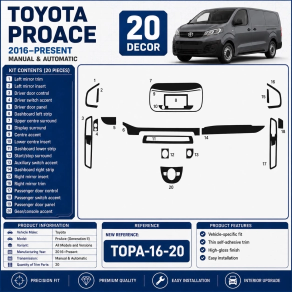 Toyota ProAce (Generation II) 2016–Present Kit Modanature Interni Cruscotto 3D 20 Pezzi