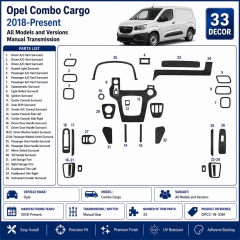 Opel Combo Cargo 2018-Present Kit Modanature Cruscotto Interni 3D 33 Pezzi Cambio Manuale