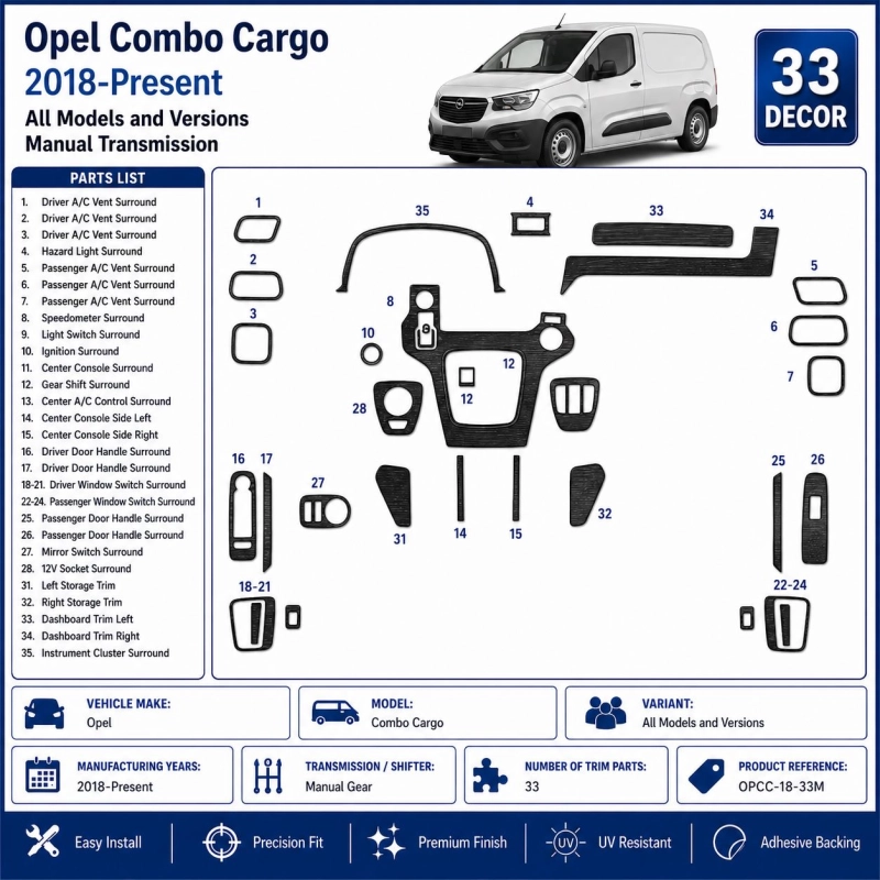 Opel Combo Cargo 2018-Present Kit Modanature Cruscotto Interni 3D 33 Pezzi Cambio Manuale