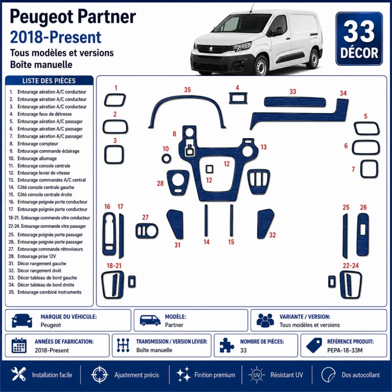 Peugeot Partner 2018-Present Kit Modanature Cruscotto Interni 3D 33 Pezzi Cambio Manuale