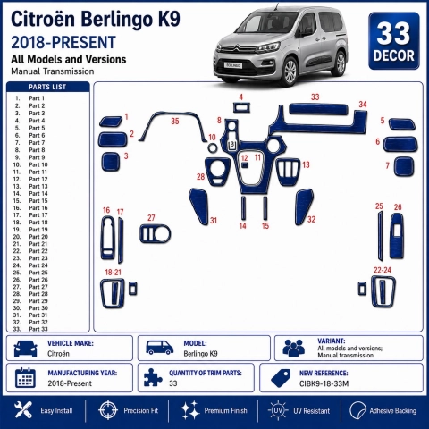 Citroën Berlingo K9 2018-Present Kit Modanature Cruscotto Interni 3D 33 Pezzi Cambio Manuale