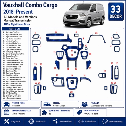 Vauxhall Combo Cargo 2018-Present Kit Modanature Cruscotto Interni 3D 33 Pezzi Cambio Manuale