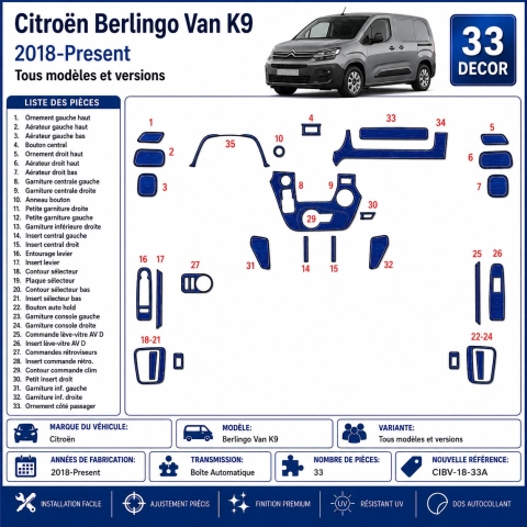 Citroën Berlingo Van K9 2018-Present Kit Modanature Cruscotto Interni 3D 33 Pezzi Cambio Automatico