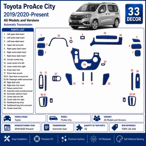 Toyota ProAce City 2019/2020-Present Kit Modanature Cruscotto Interni 3D 33 Pezzi Cambio Automatico