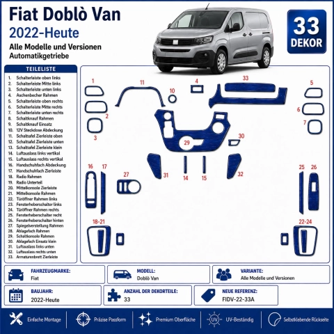 Fiat Doblò Van 2022-Present Kit Modanature Cruscotto Interni 3D 33 Pezzi Cambio Automatico