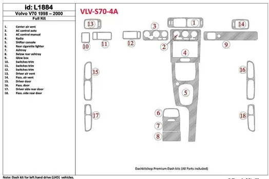 Volvo S70 1998-2000 Full Set, 18 Parts set Cruscotto BD Rivestimenti interni