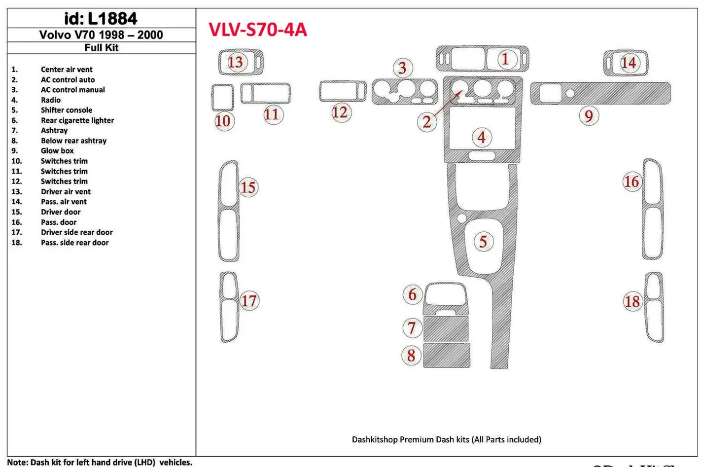 Volvo S70 1998-2000 Full Set, 18 Parts set Cruscotto BD Rivestimenti interni