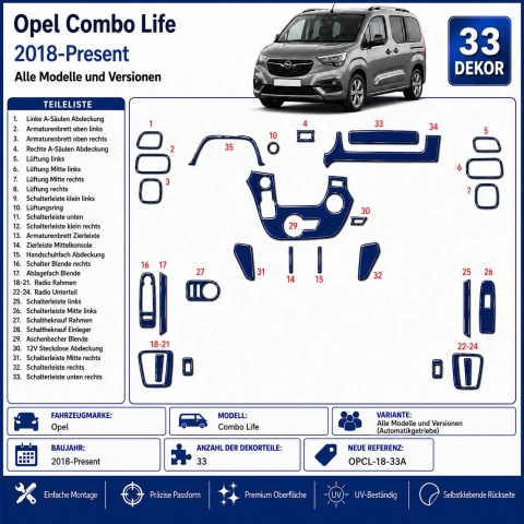 Opel Combo Life 2018-Present Kit Modanature Cruscotto Interni 3D 33 Pezzi Cambio Automatico