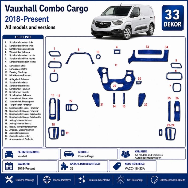 Vauxhall Combo Cargo 2018-Present Kit Modanature Cruscotto Interni 3D 33 Pezzi Cambio Automatico
