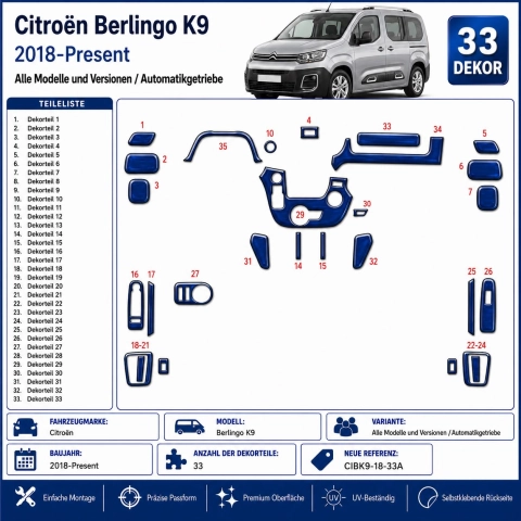 Citroën Berlingo K9 2018-Present Kit Modanature Cruscotto Interni 3D 33 Pezzi Cambio Automatico