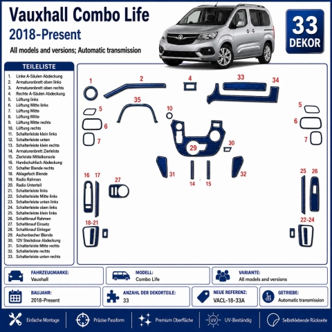 Vauxhall Combo Life 2018-Present Kit Modanature Cruscotto Interni 3D 33 Pezzi Cambio Automatico