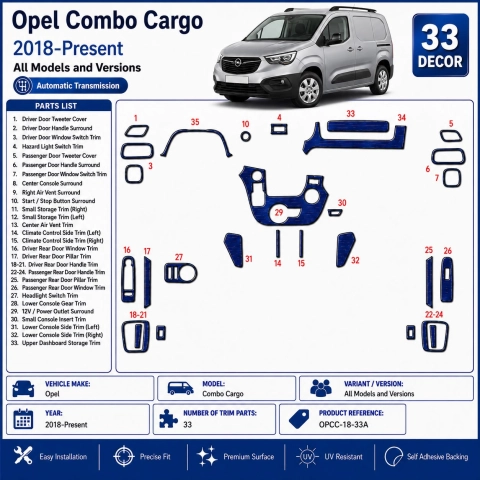 Opel Combo Cargo 2018-Present Kit Modanature Cruscotto Interni 3D 33 Pezzi Cambio Automatico