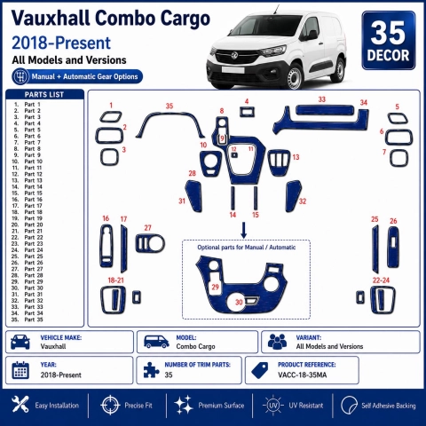 Vauxhall Combo Cargo 2018-Present Kit Modanature Cruscotto Interni 3D 35 Pezzi Opzioni Manuale + Automatico