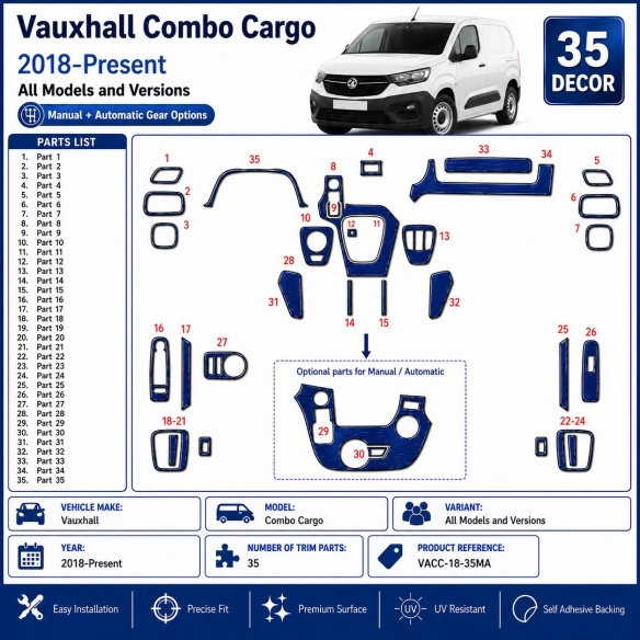 Vauxhall Combo Cargo 2018-Present Kit Modanature Cruscotto Interni 3D 35 Pezzi Opzioni Manuale + Automatico
