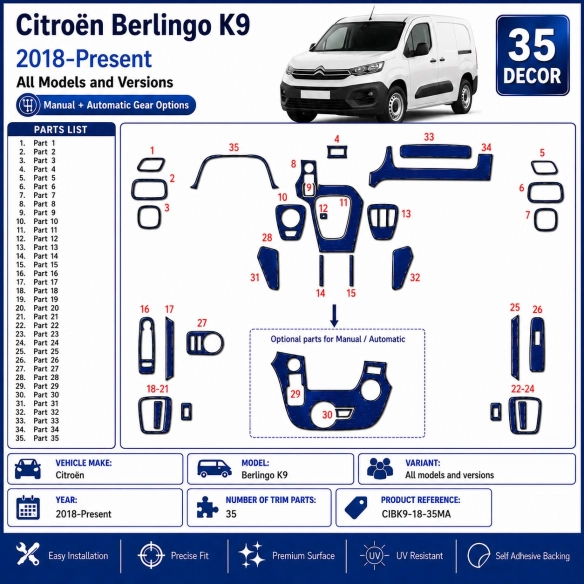 Citroën Berlingo K9 2018-Present Kit Modanature Cruscotto Interni 3D 35 Pezzi Opzioni Manuale + Automatico