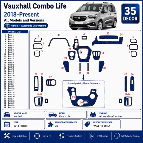 Vauxhall Combo Life 2018-Present Kit Modanature Cruscotto Interni 3D 35 Pezzi Opzioni Manuale + Automatico