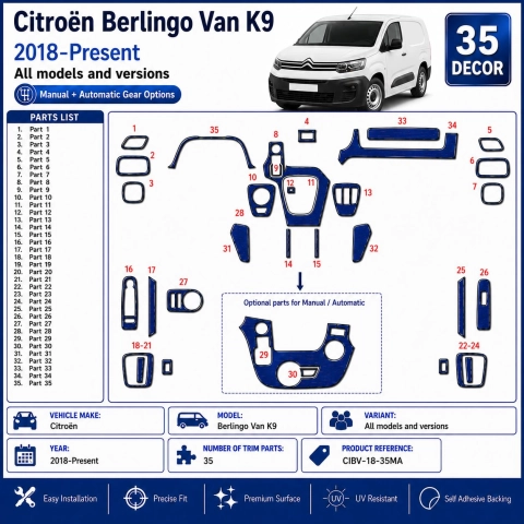 Citroën Berlingo Van K9 2018-Present Kit Modanature Cruscotto Interni 3D 35 Pezzi Opzioni Manuale + Automatico