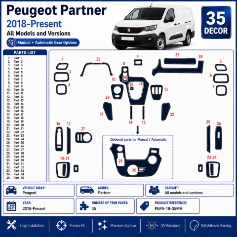 Peugeot Partner 2018-Present Kit Modanature Cruscotto Interni 3D 35 Pezzi Opzioni Manuale + Automatico