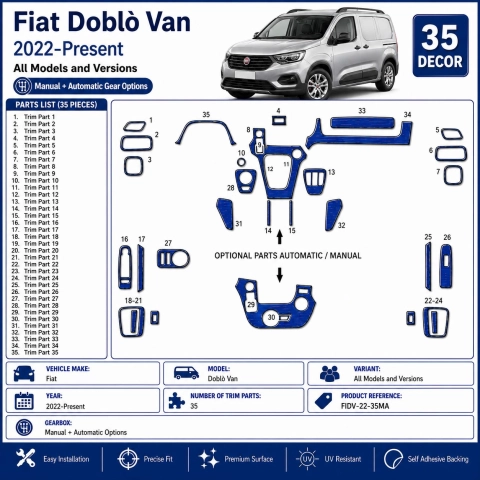 Fiat Doblò Van 2022-Present Kit Modanature Cruscotto Interni 3D 35 Pezzi Opzioni Manuale + Automatico