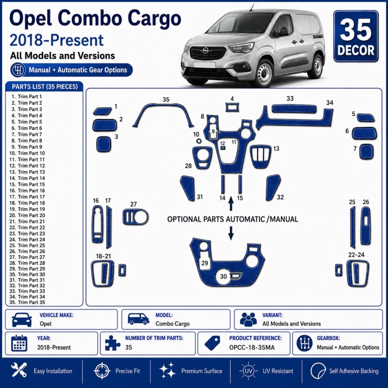 Opel Combo Cargo 2018-Present Kit Modanature Cruscotto Interni 3D 35 Pezzi Opzioni Manuale + Automatico