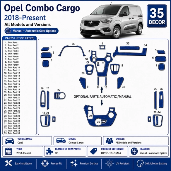 Opel Combo Cargo 2018-Present Kit Modanature Cruscotto Interni 3D 35 Pezzi Opzioni Manuale + Automatico