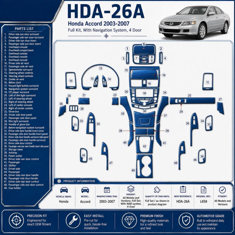 Honda Accord 2003-2007 set completo; con sistema di navigazione, 4-Door kit rivestimento cruscotto e interni 3D
