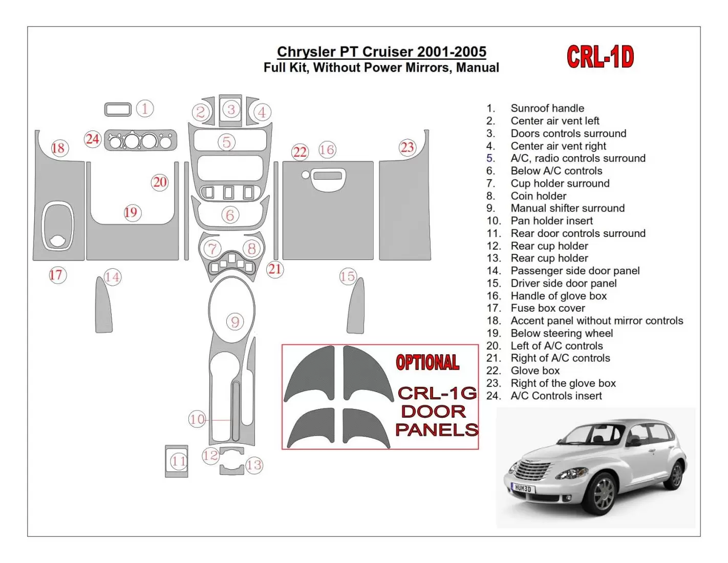 Chrysler PT Cruiser 2001-2005 Full Set, Without Power Mirrors, Manual Gearbox, 23 Parts Mascherine sagomate per rivestimento cru