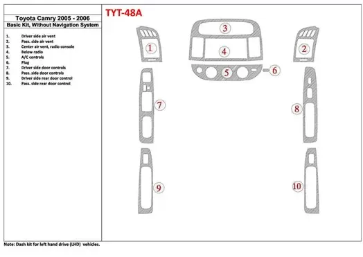 Toyota Camry 2005-2006 Basic Set, Without NAVI system, Without OEM Mascherine sagomate per rivestimento cruscotti 