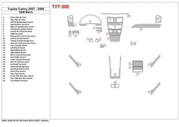 Toyota Camry 2007-2010 Full Set, With OEM Wood Kit, Without NAVI Mascherine sagomate per rivestimento cruscotti 