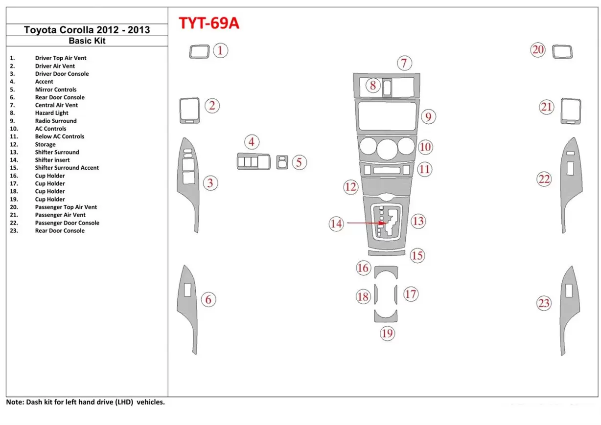 Toyota Corolla 2012-2013 Basic Mascherine sagomate per rivestimento cruscotti 