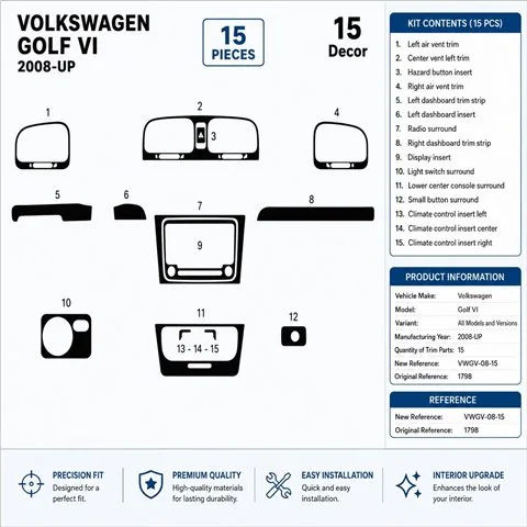 Volkswagen Golf VI 2008+ kit cruscotto 3D, 15 pezzi 2