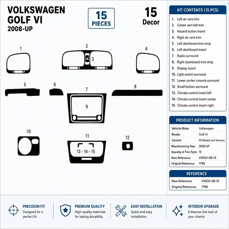 Volkswagen Golf VI 2008+ kit cruscotto 3D, 15 pezzi