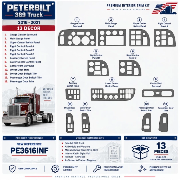 Peterbilt 389 Truck - Year 2016-2021 stile cabina interno completo kit rivestimento cruscotto e interni 3D