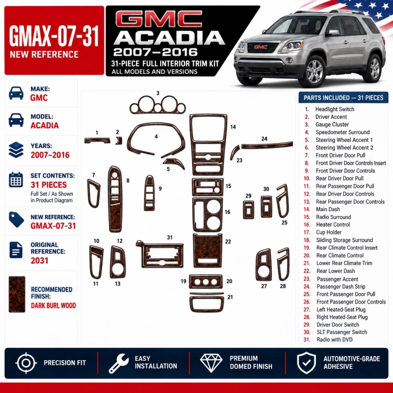 GMC Acadia 2007-2016 kit rivestimento cruscotto e interni 3D 31 pezzi