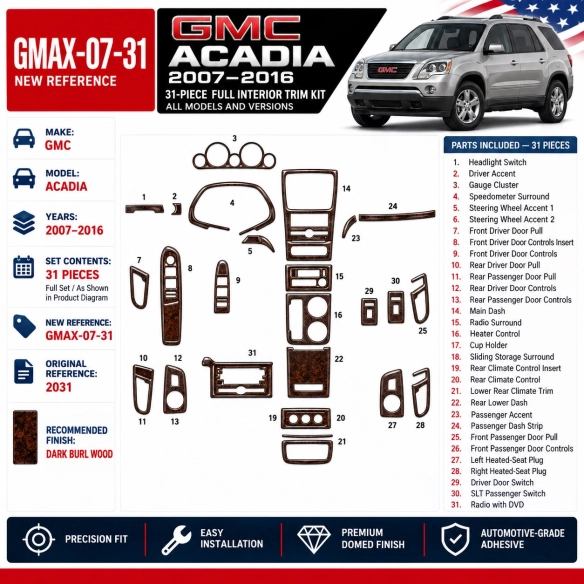 GMC Acadia 2007-2016 kit rivestimento cruscotto e interni 3D 31 pezzi