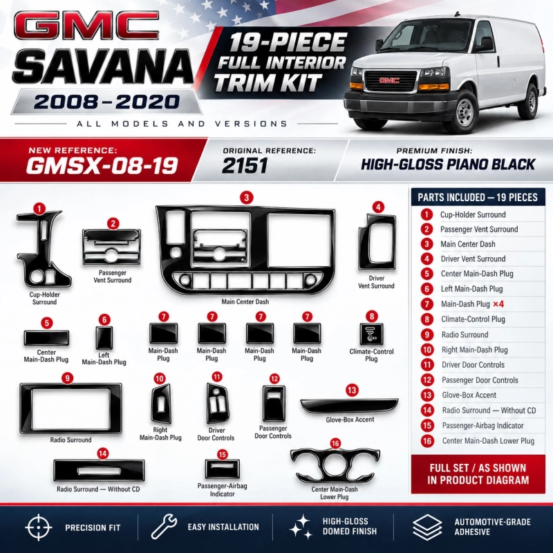 GMC Savana 2008-2020 kit rivestimento cruscotto e interni 3D 19 pezzi