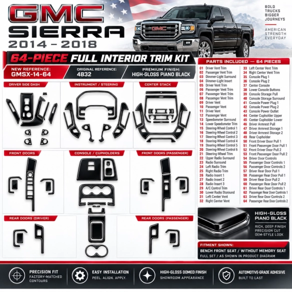 GMC Sierra 2014-2018 kit rivestimento cruscotto e interni 3D 64 pezzi