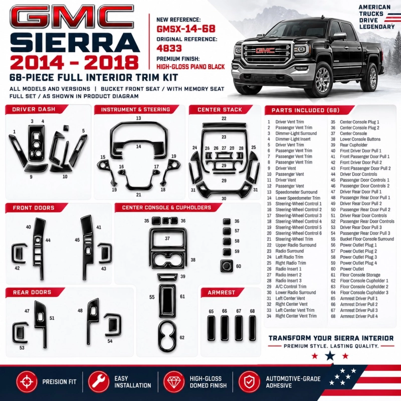 GMC Sierra 2014-2018 kit rivestimento cruscotto e interni 3D 68 pezzi