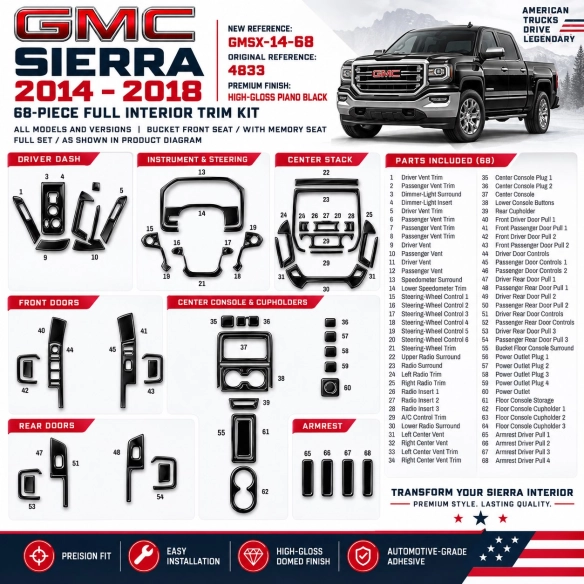 GMC Sierra 2014-2018 kit rivestimento cruscotto e interni 3D 68 pezzi