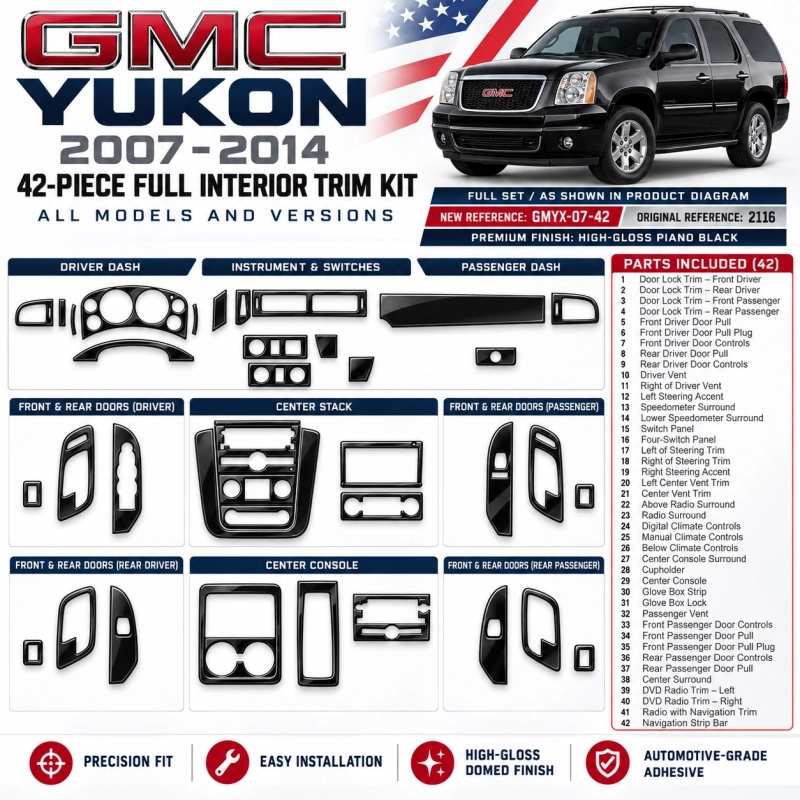 GMC Yukon 2007-2014 kit rivestimento cruscotto e interni 3D 42 pezzi
