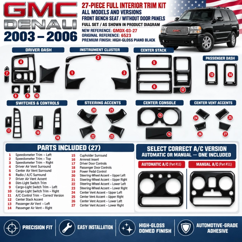 GMC Denali 2003-2006 kit rivestimento cruscotto e interni 3D 27 pezzi