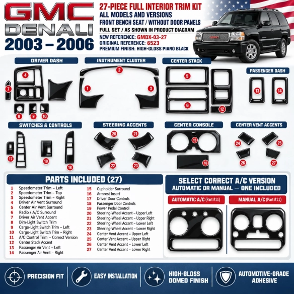 GMC Denali 2003-2006 kit rivestimento cruscotto e interni 3D 27 pezzi