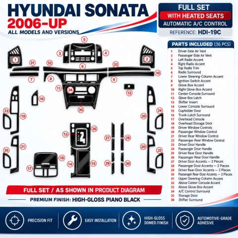 Hyundai Sonata 2006-in poi set completo,con Heated Seats; Auto comandi climatizzatore kit rivestimento cruscotto e interni 3D