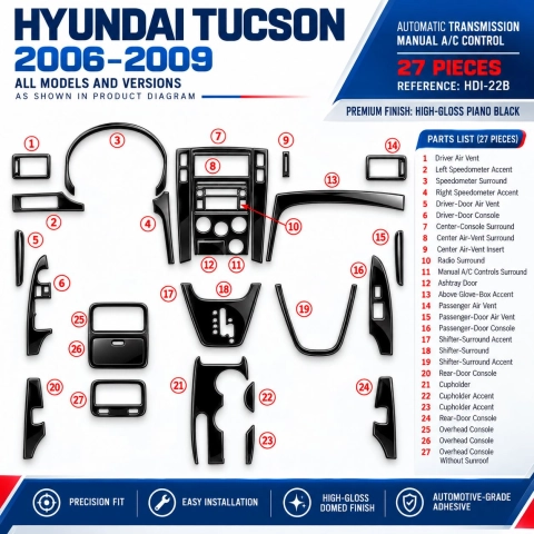 Hyundai Tucson 2006-2009 cambio automatico; cambio manuale comandi climatizzatore kit rivestimento cruscotto e interni 3D 2