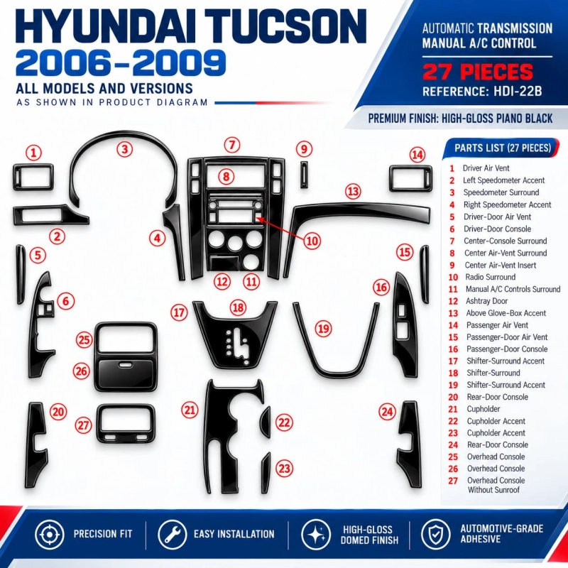 Hyundai Tucson 2006-2009 cambio automatico; cambio manuale comandi climatizzatore kit rivestimento cruscotto e interni 3D